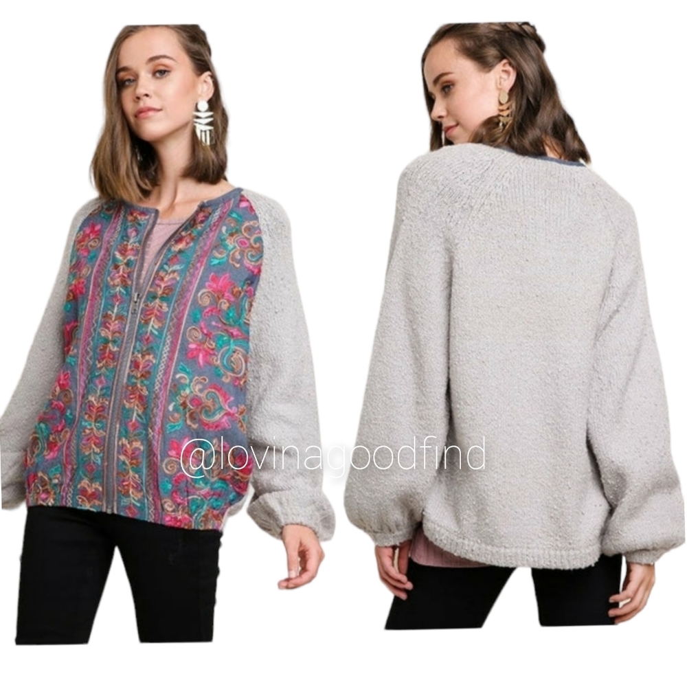 Umgee Embroidered Chambray Balloon Sleeve Top PULLOVER EUC sz XL